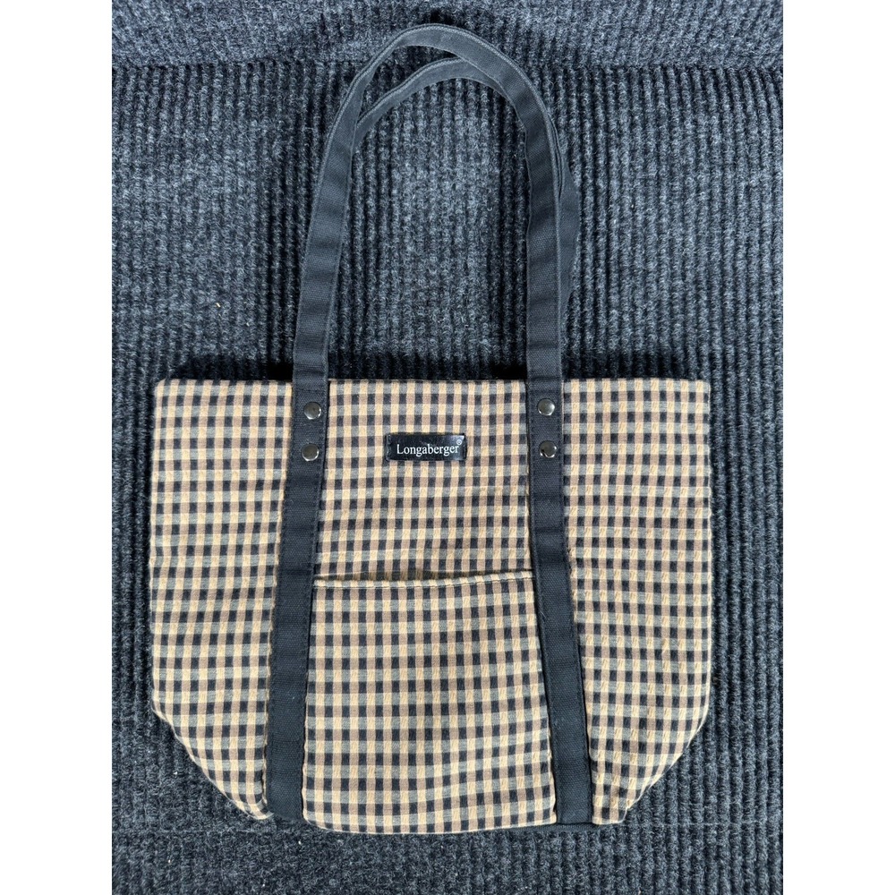 Longaberger Homestead Canvas Tote Bag Black Tan Gingham Check Farmhouse Purse